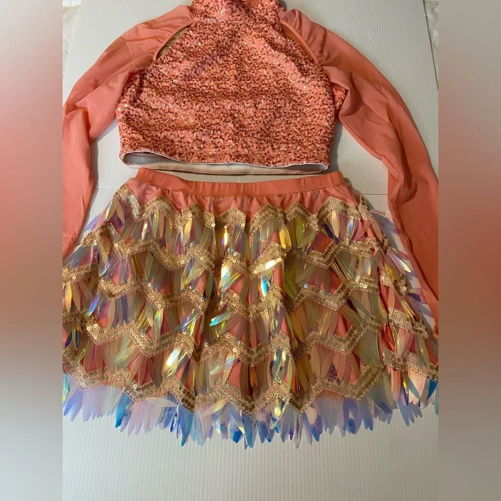 Revolution Tenth House 2 piece dance costume fringe coral MAKIN MOVES RC21293 SA